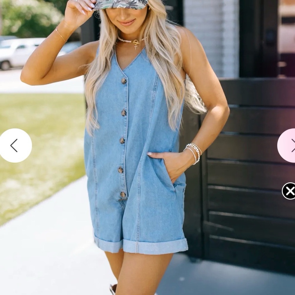 Mable Light Wash Denim Button Romper - Sleeveless V-Neck